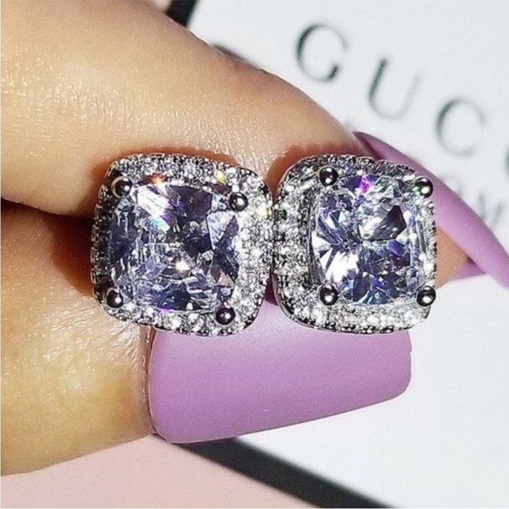 NEW Silver Cushion Diamond Halo Stud Earrings